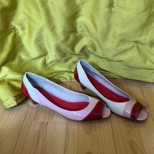 Barefoot Tess Pink, White and Red Toeless Heels in Size 11